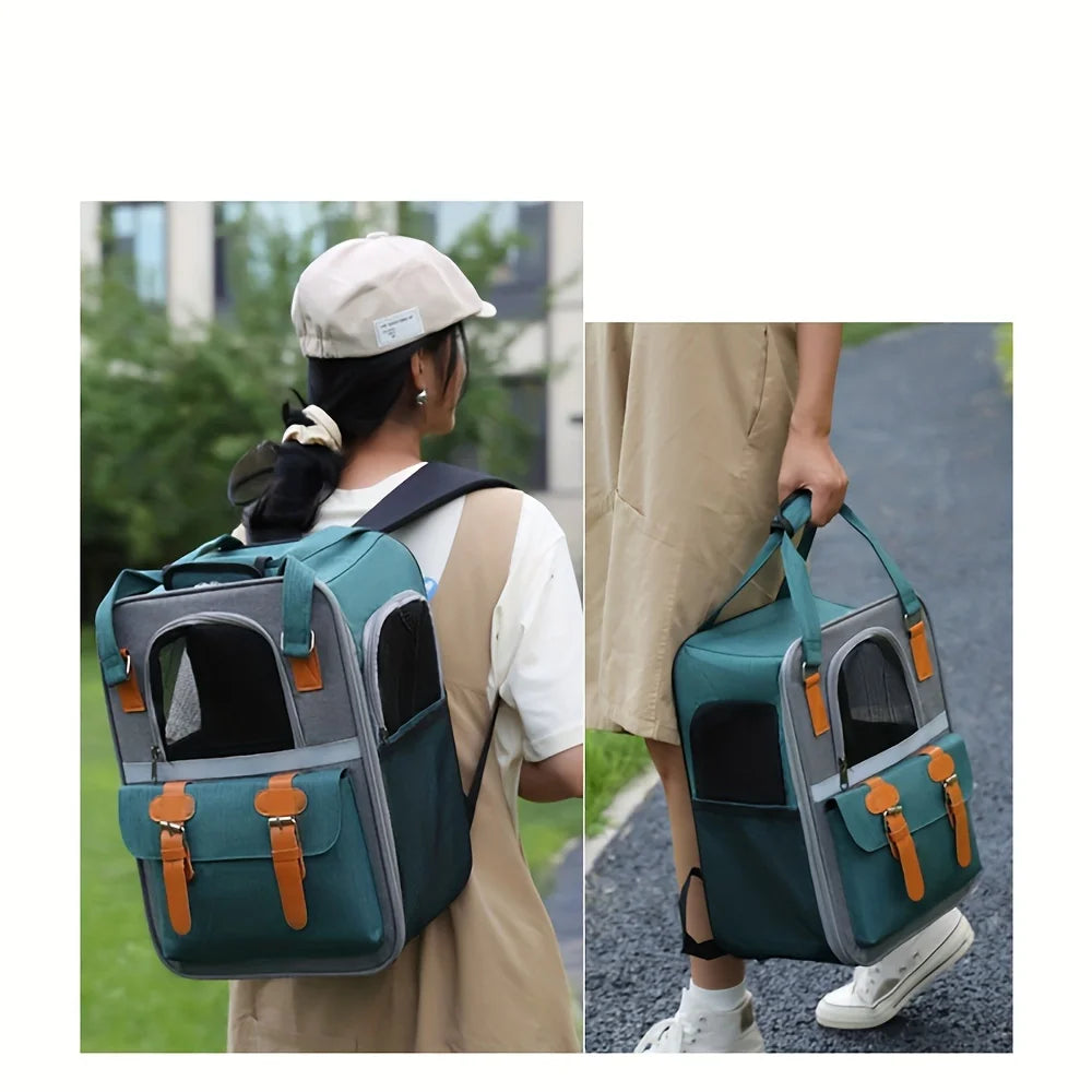 Pet carrier worn on a person's back and held by another person outdoors.