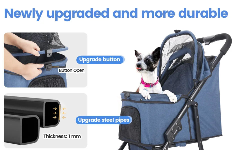 Pet stroller with upgraded features highlighted, including a button and thicker steel pipes.