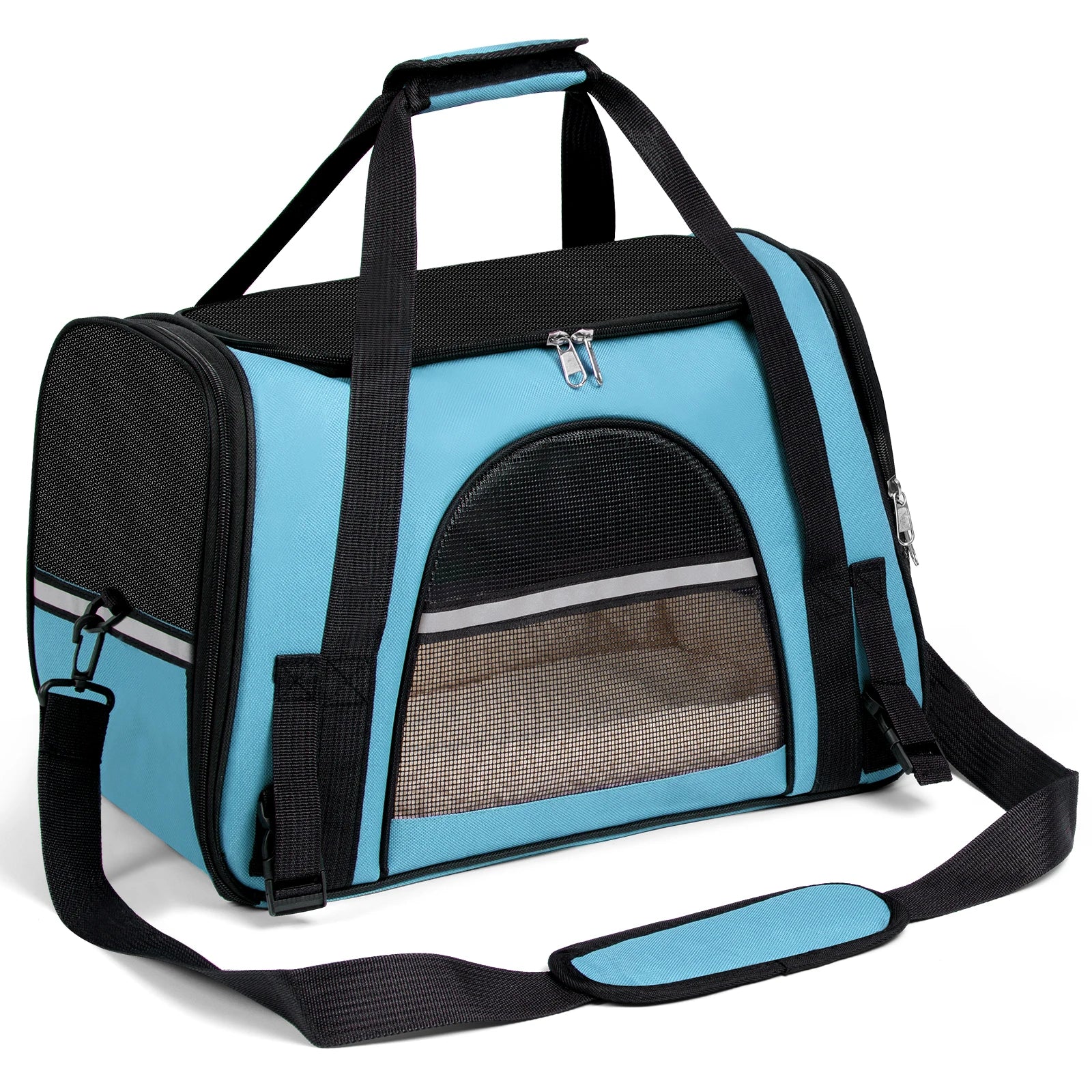 Blue pet carrier with black straps on a white background