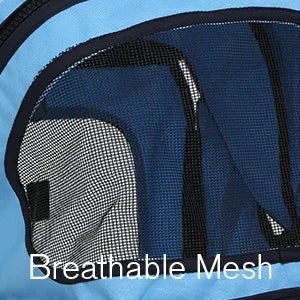 Blue pet carrier with breathable mesh and black zipper, labeled 'Breathable Mesh'.