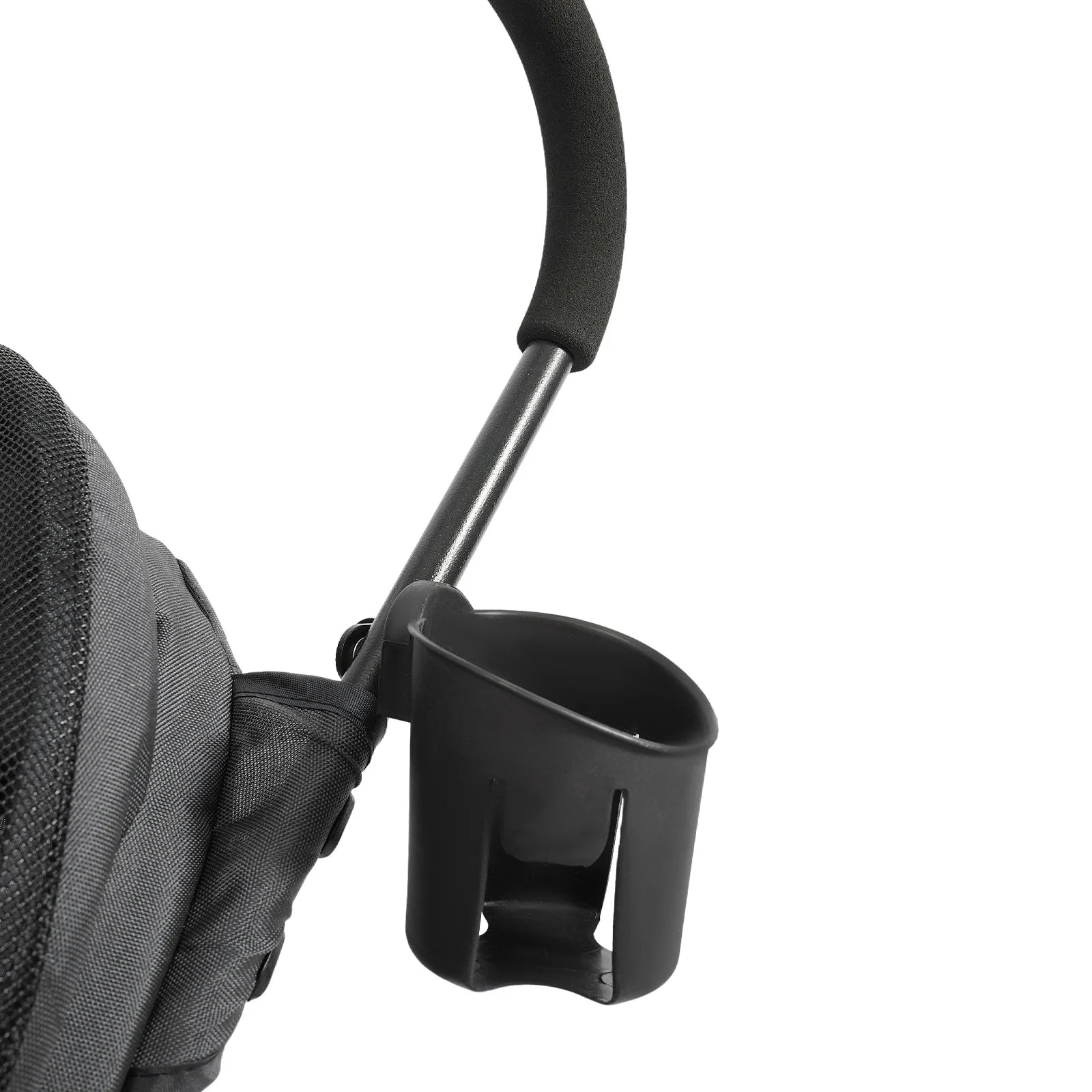 Black cup holder attached to a stroller on a white background