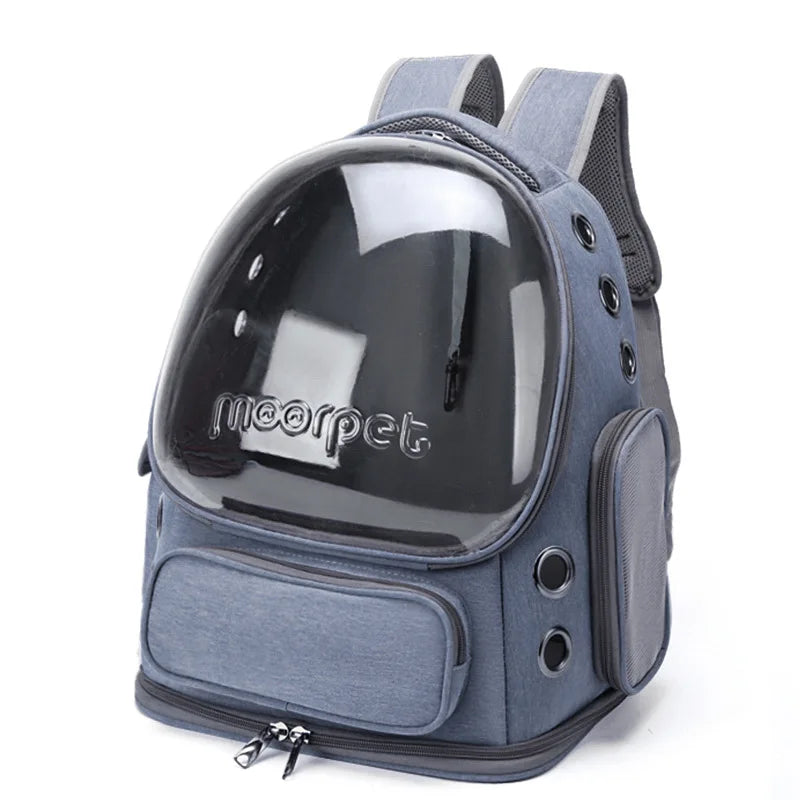 Gray pet backpack with transparent front panel on a white background