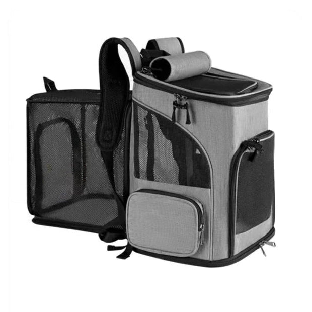 Gray and black pet carrier backpack on a white background