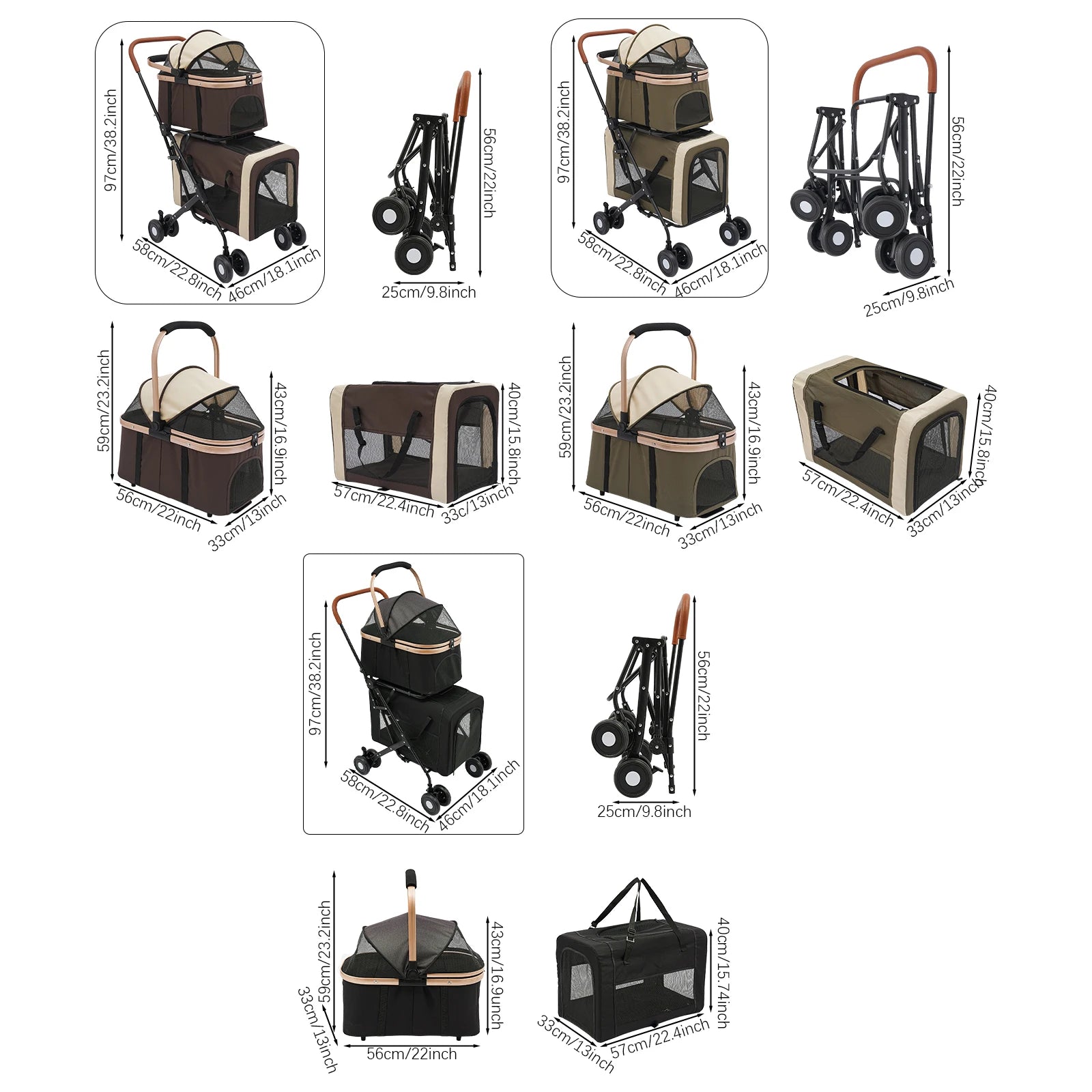Collage of pet strollers with dimensions labeled on a white background