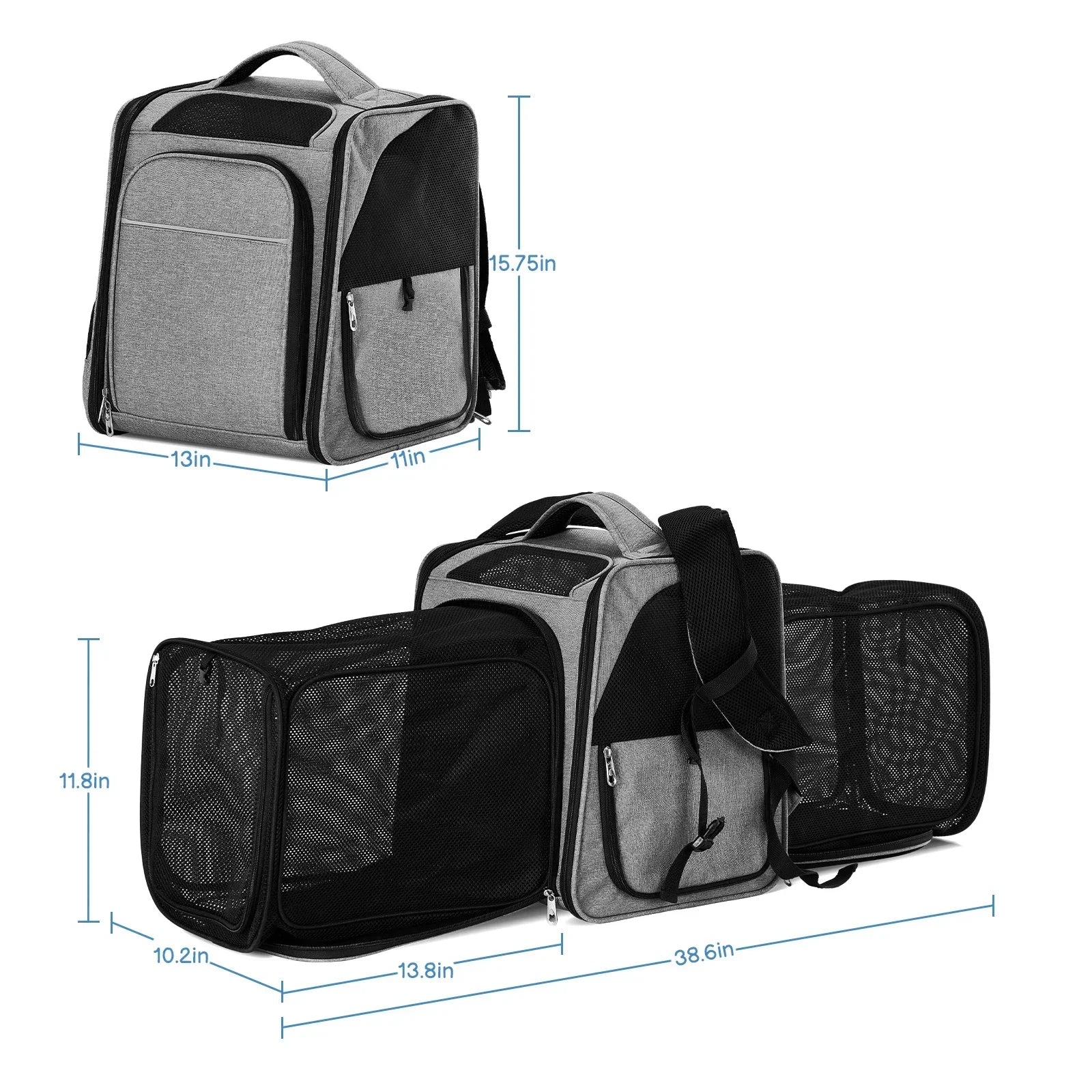 Gray and black pet carrier with dimensions on a white background