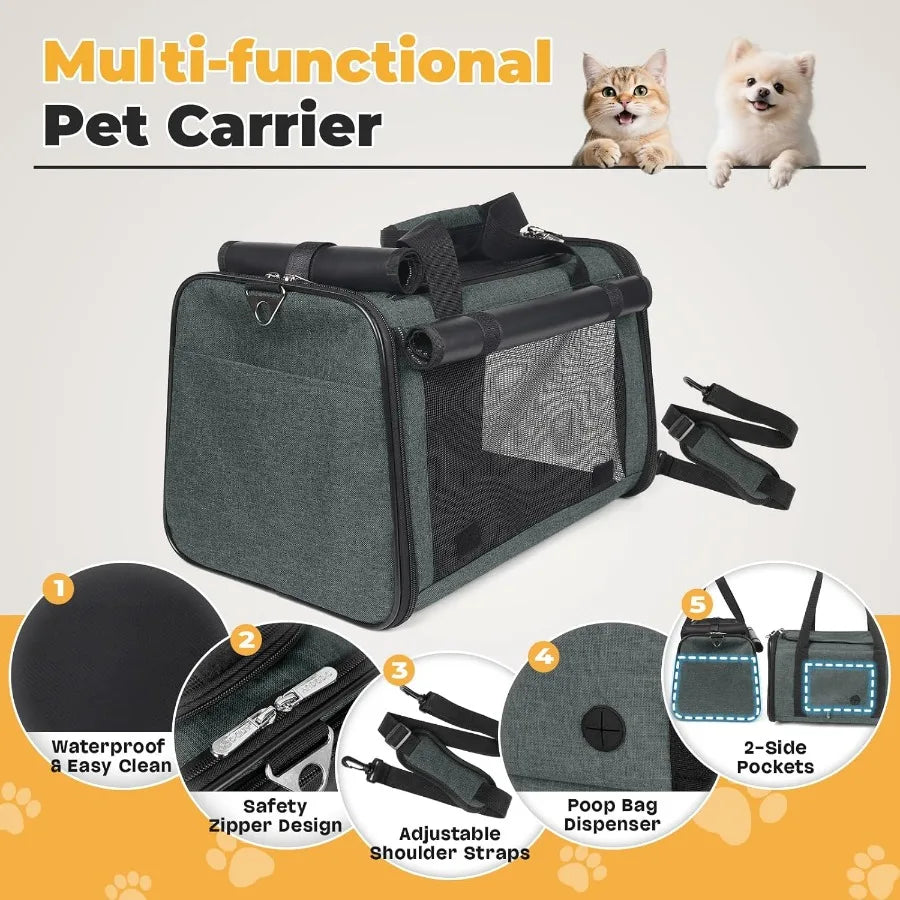 Multi-functional pet carrier with features highlighted on a light gray background