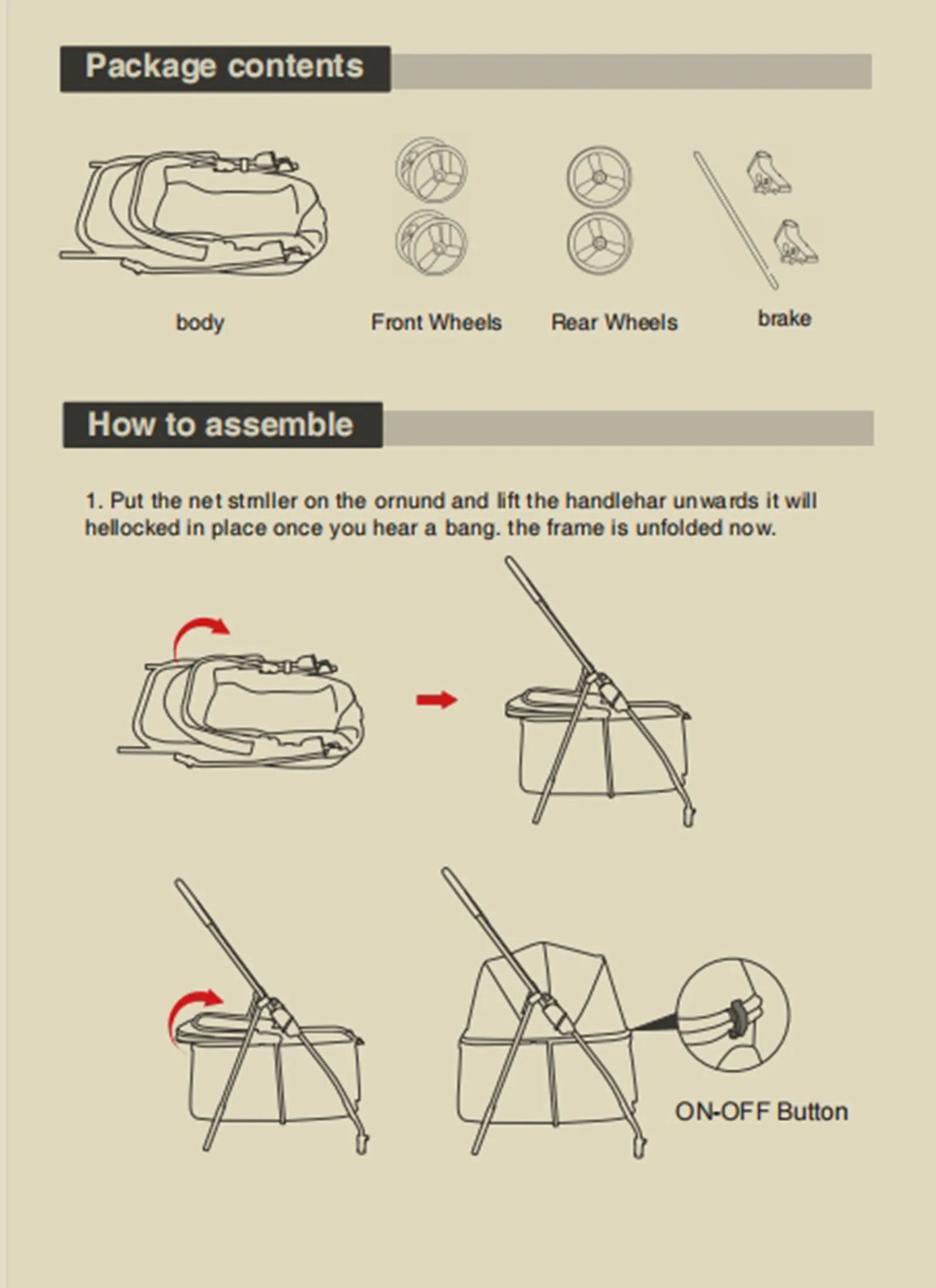 Instructional diagram for assembling a product with labeled parts and assembly steps.