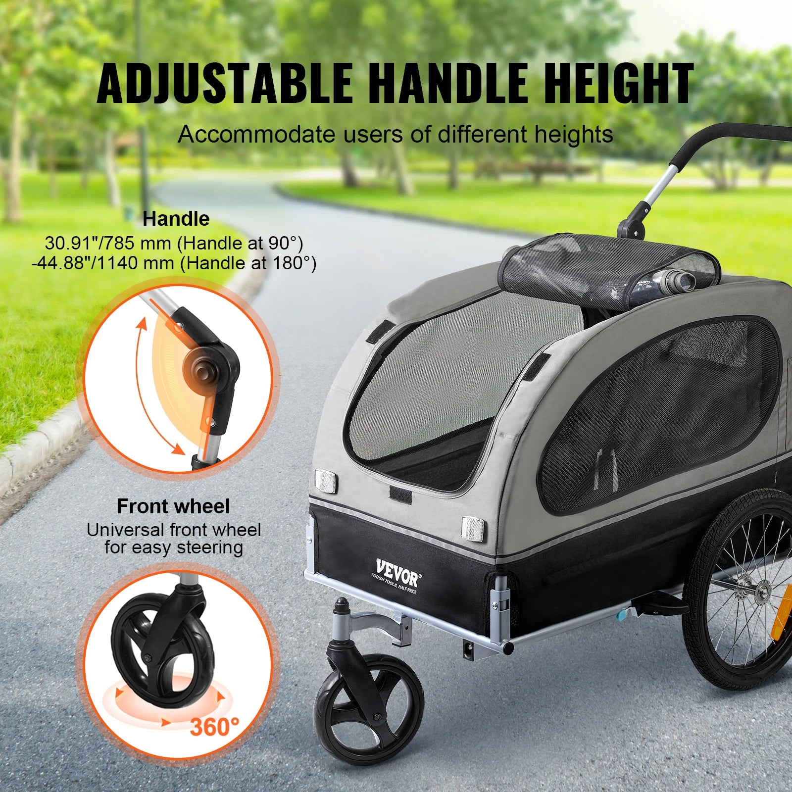 Dog bike trailer with adjustable handle height feature on a road with greenery.