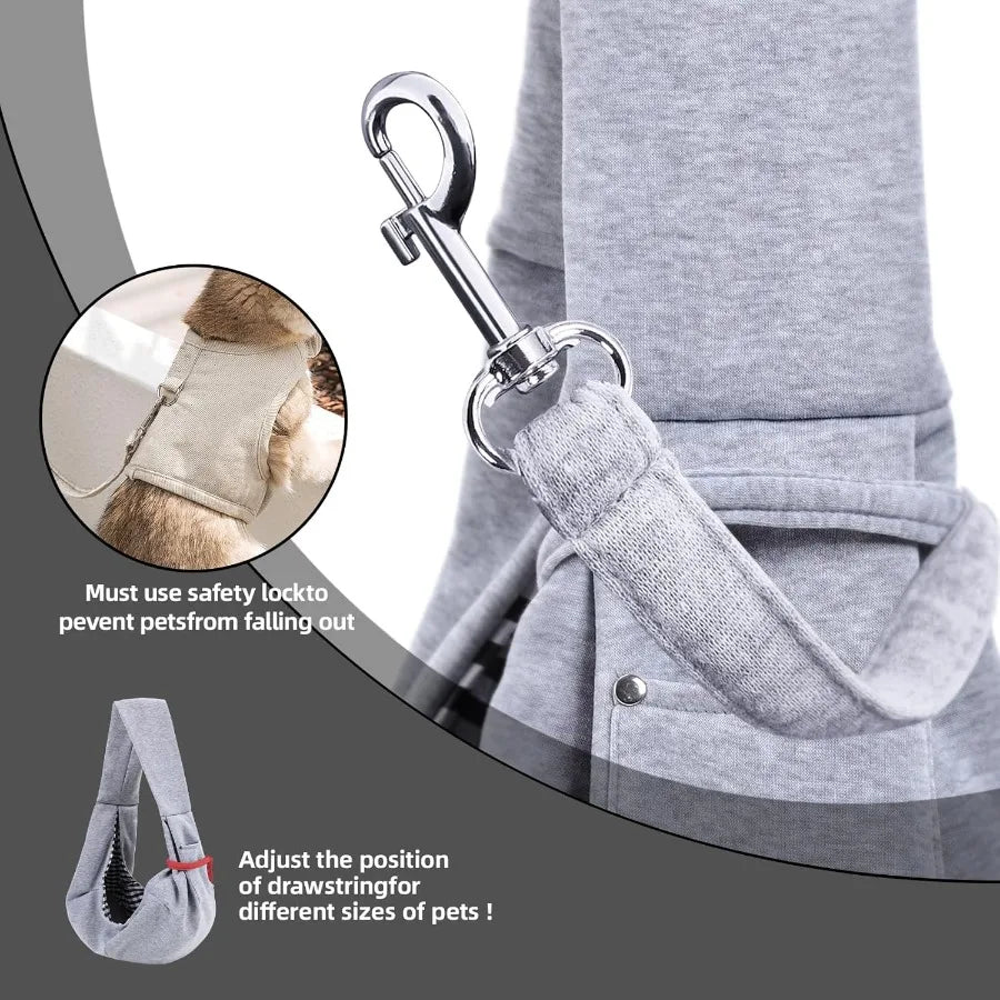 Pet carrier with adjustable drawstring and safety lock feature on a gray background