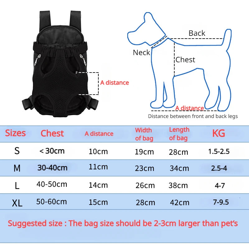 Black pet carrier with measurement chart for dog sizes on a white background