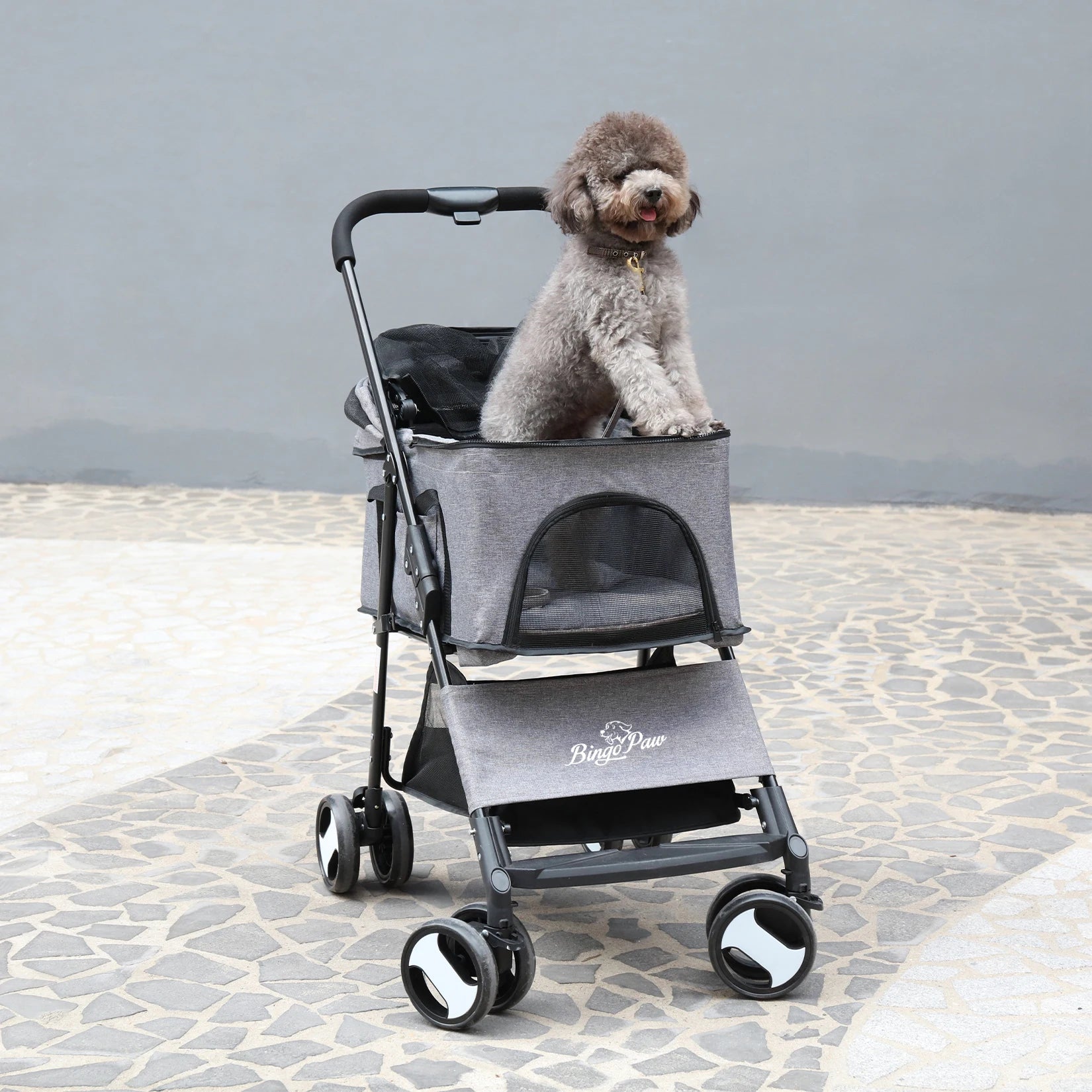 Dog sitting in a gray pet stroller on a stone pavement.