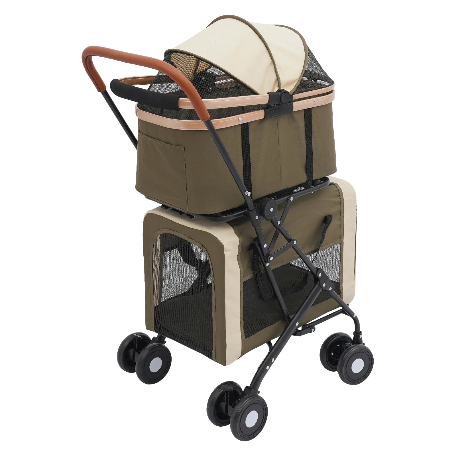 Pet stroller with beige and brown design on a white background