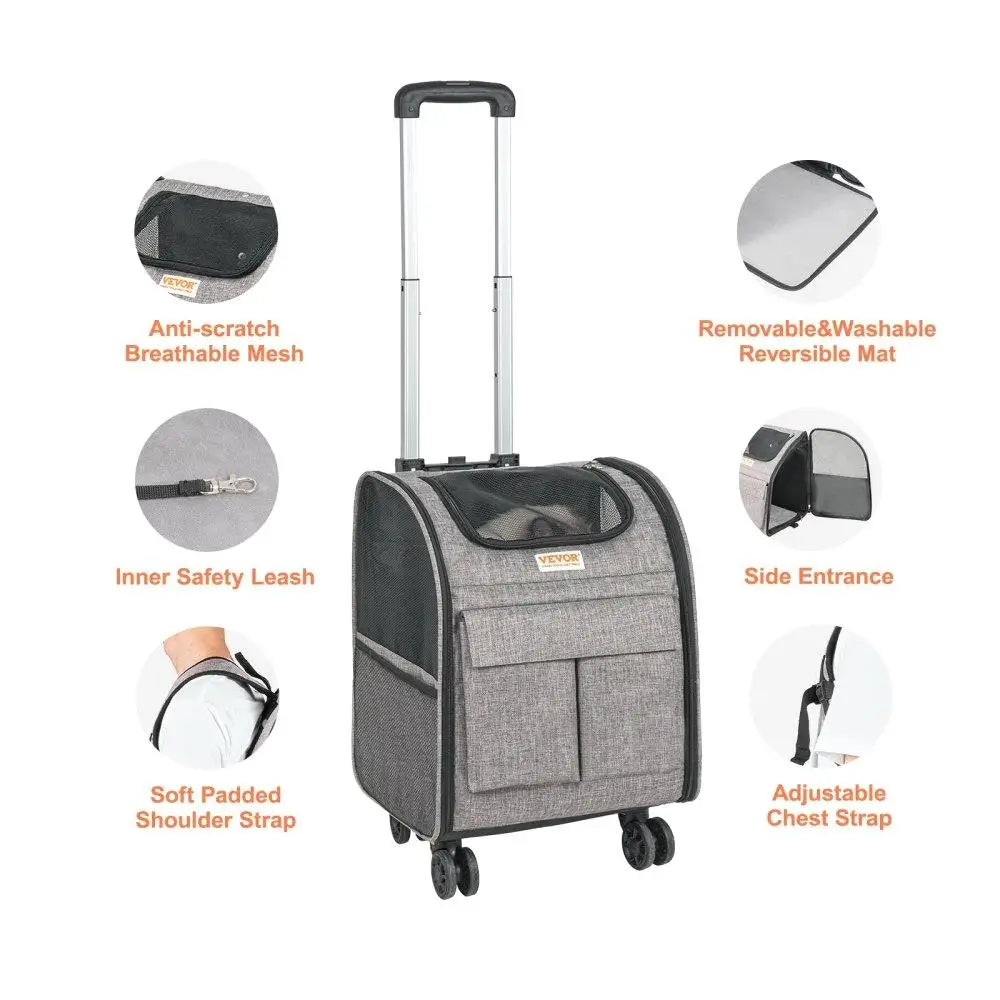 Gray pet carrier with features highlighted on a white background
