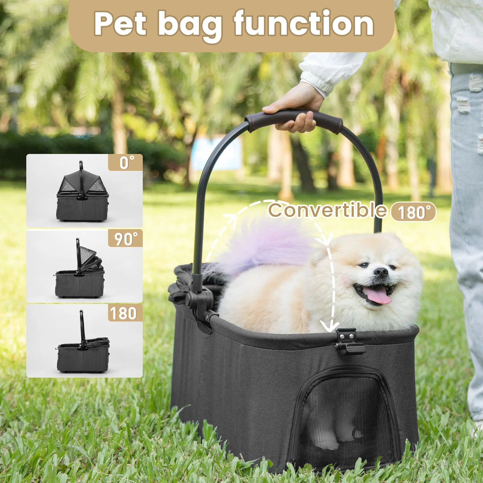 Pet bag with a dog inside, convertible feature shown, outdoors.