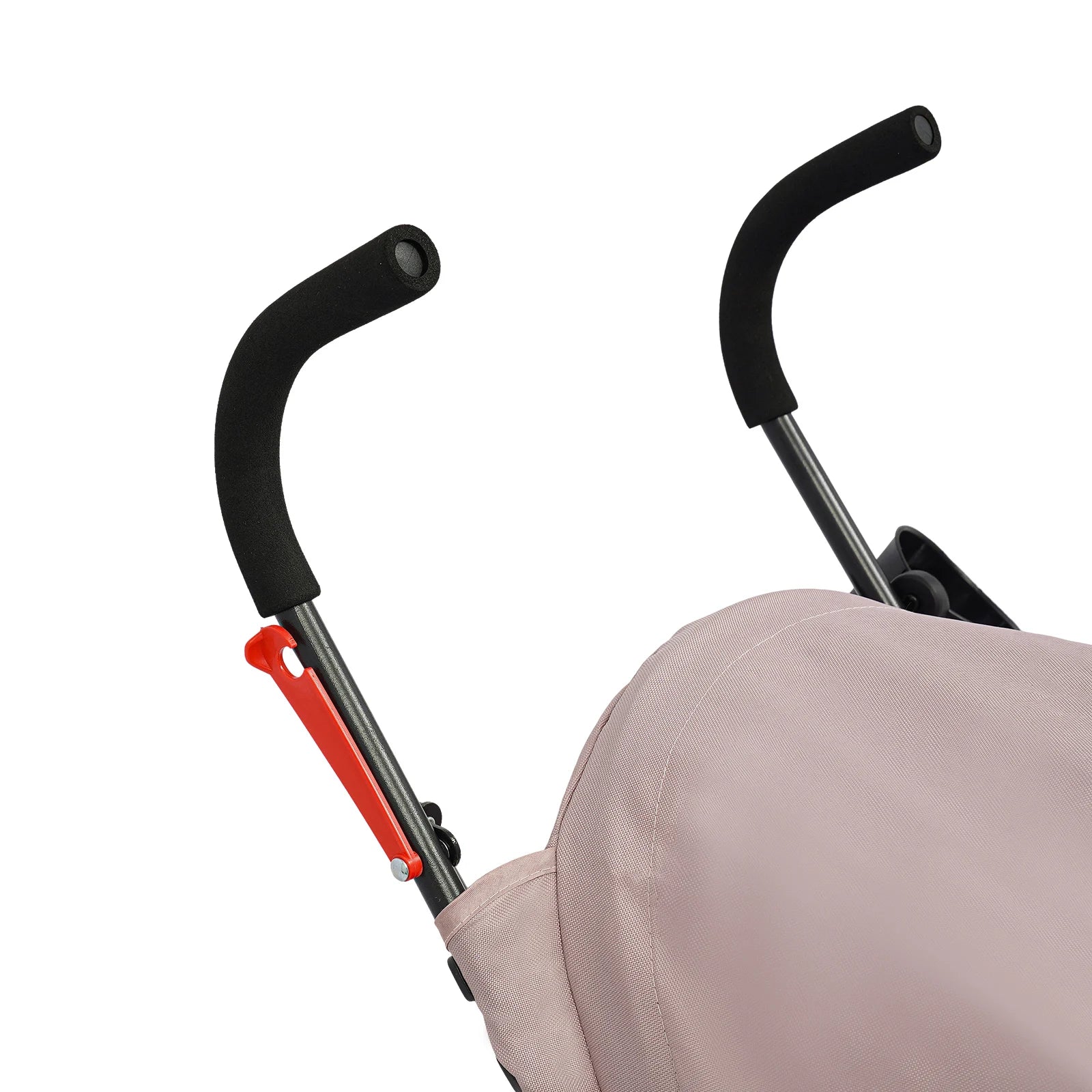 Close-up of a stroller handle with black grips and red accents on a white background