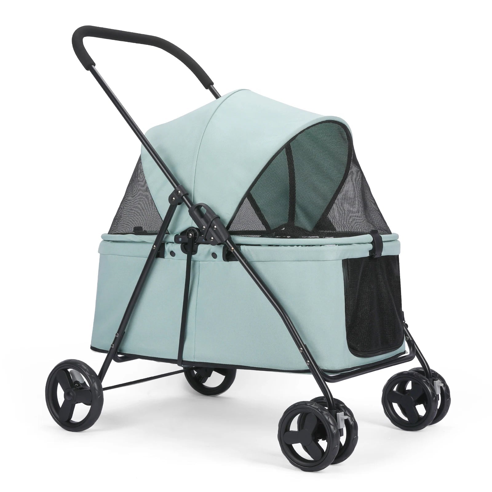 Pet stroller with a light blue canopy and black wheels on a white background