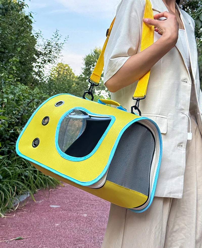 Person holding a yellow pet carrier with a clear window outdoors.