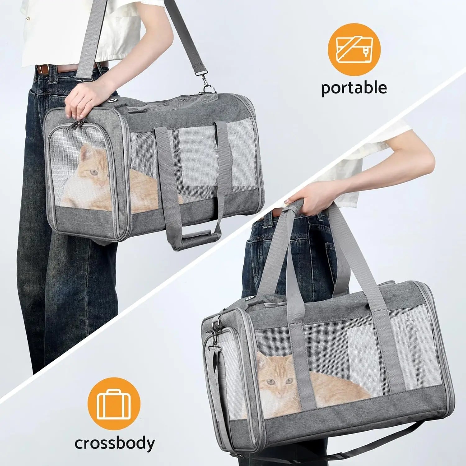 Gray pet carrier with a cat inside, held by a person, on a white background.