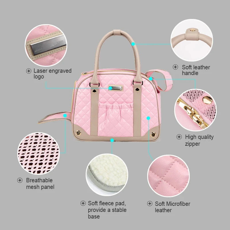 Pink pet carrier with features highlighted on a gray background