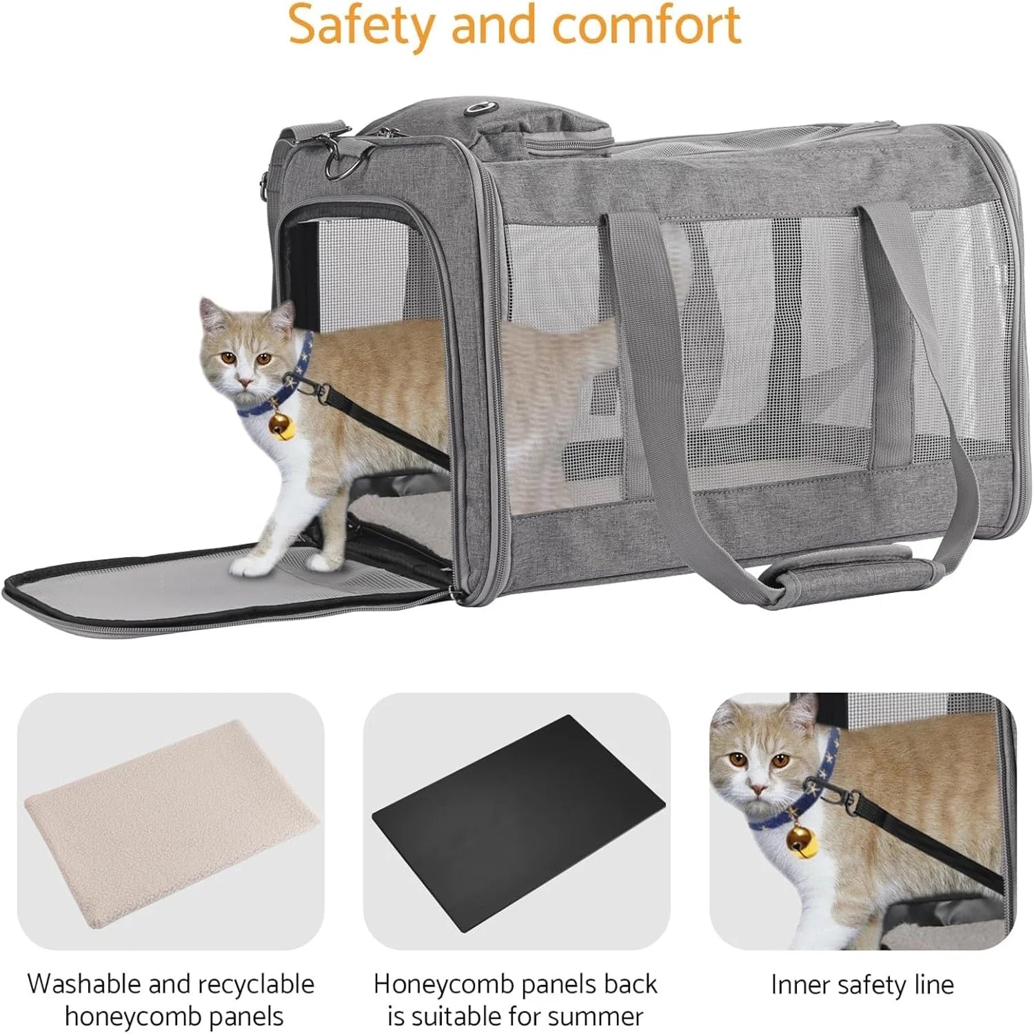 Pet carrier with a cat inside, featuring washable honeycomb panels, honeycomb panels back suitable for summer, and inner safety line.