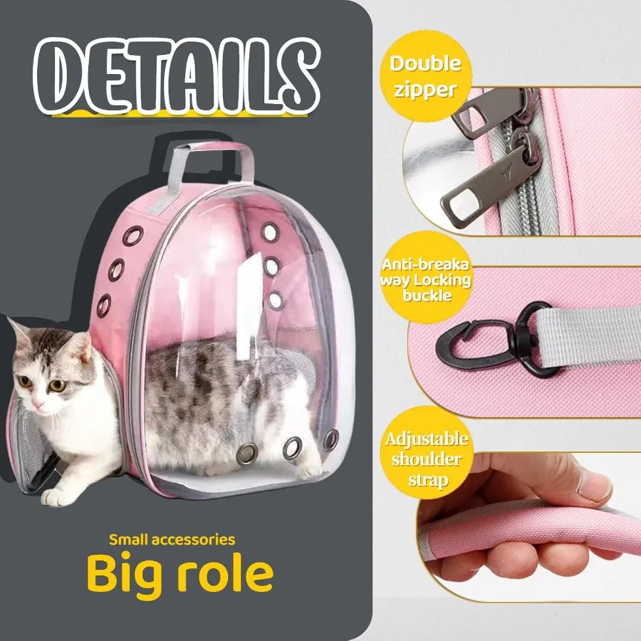 Pink pet carrier with a cat inside, showing features like double zipper, anti-breakaway locking buckle, and adjustable shoulder strap.