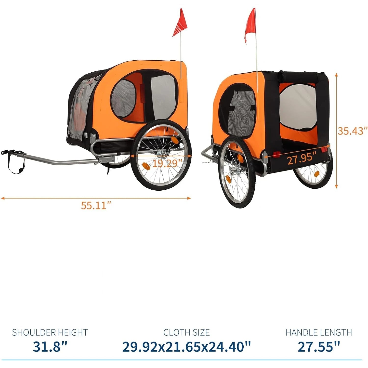 Orange and black bicycle pet trailer with dimensions on a white background