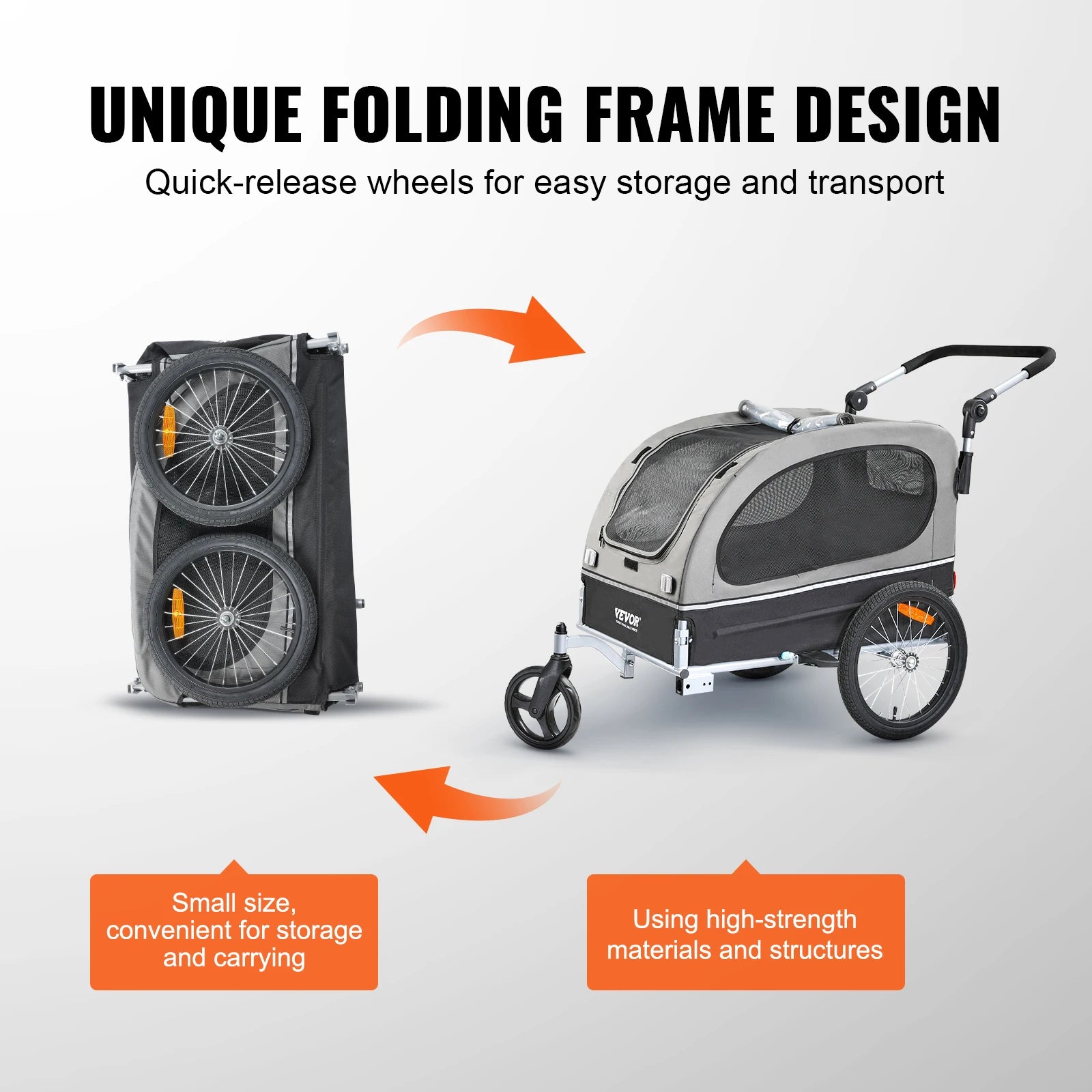 Pet stroller with unique folding frame design on a gray background