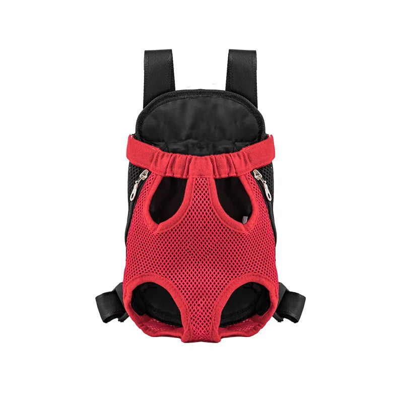 Red pet carrier with black interior on a white background