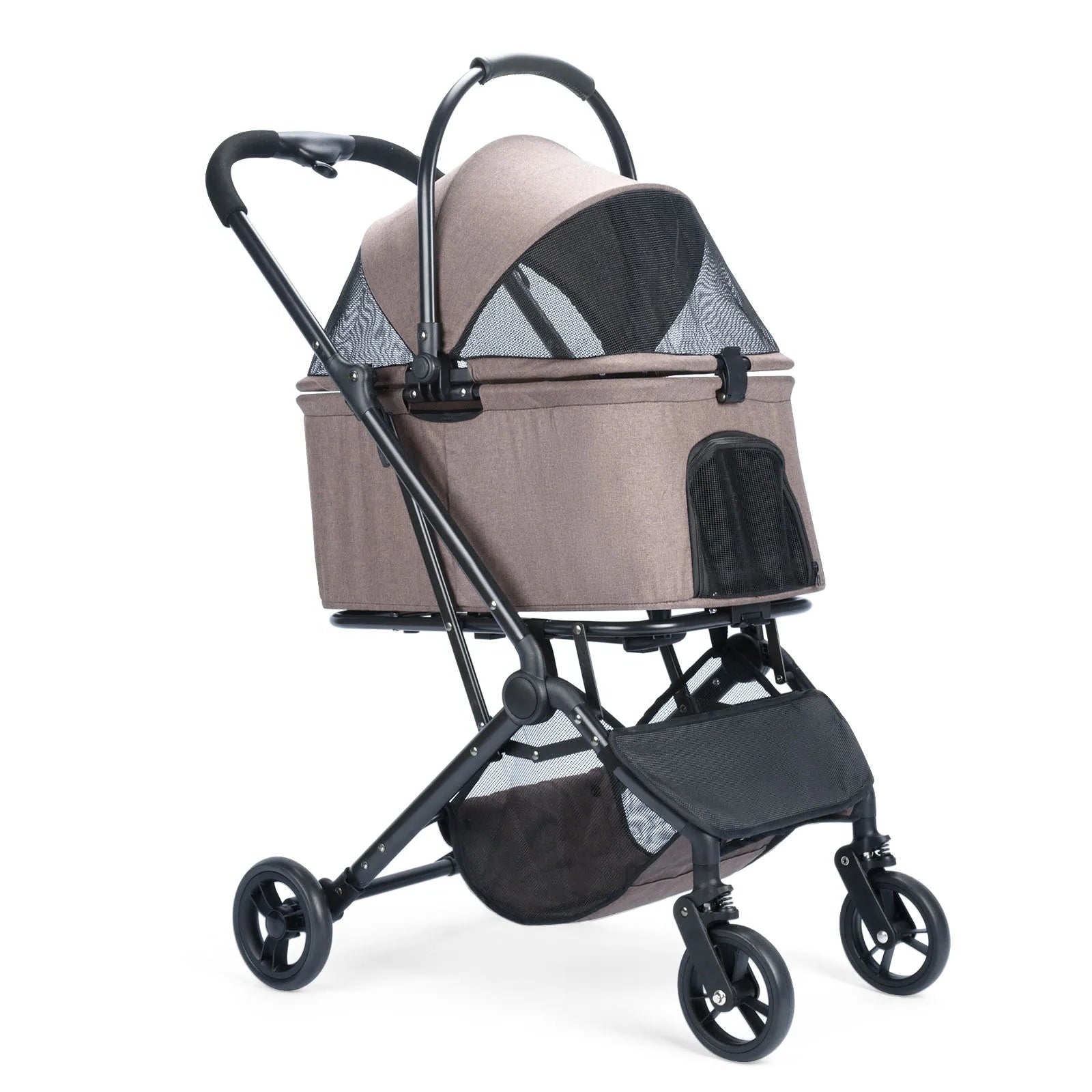 Pet stroller with beige interior and black exterior on a white background
