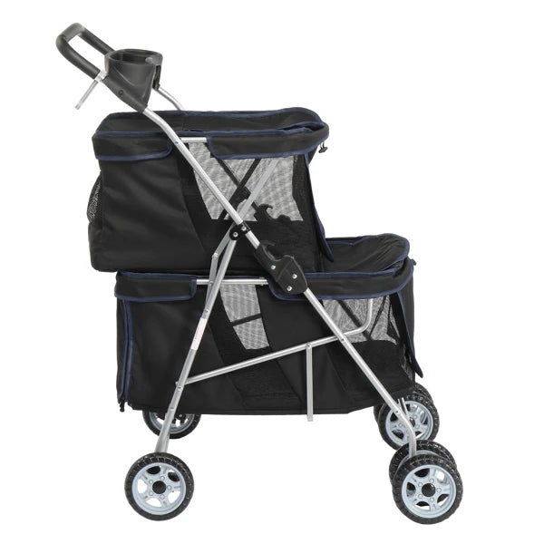 Black pet stroller with wheels on a white background