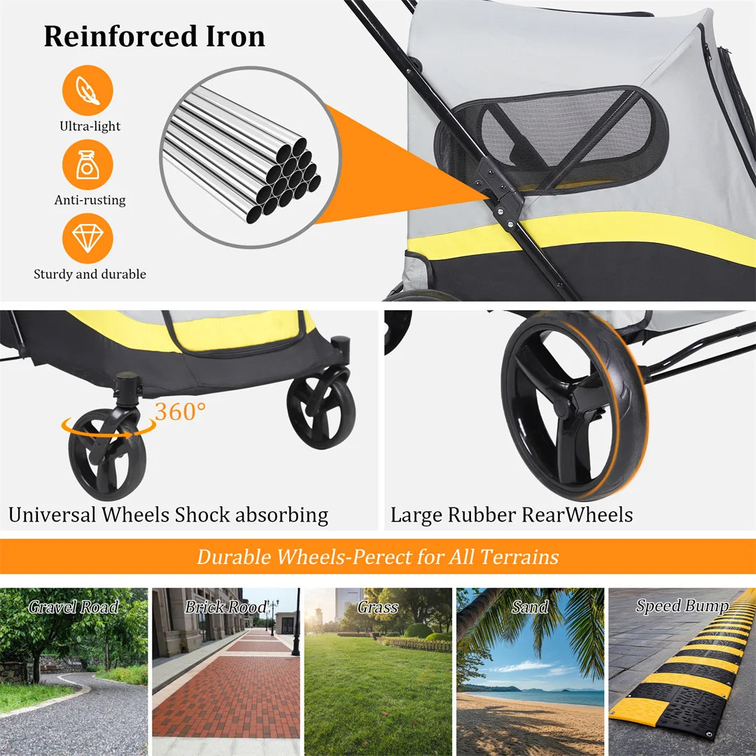 Dog stroller with reinforced iron, shock-absorbing wheels, and large rubber rear wheels on a white background.