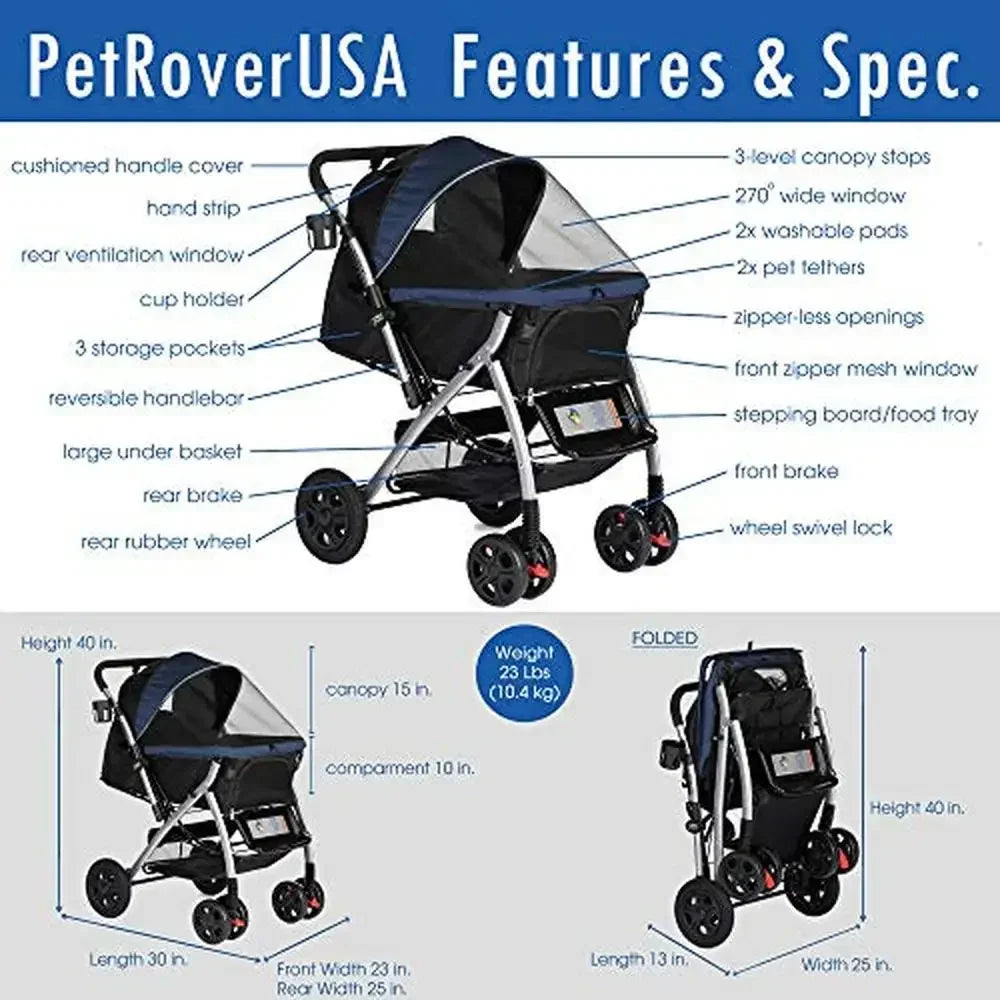 Pet stroller with features and specifications labeled on a blue background