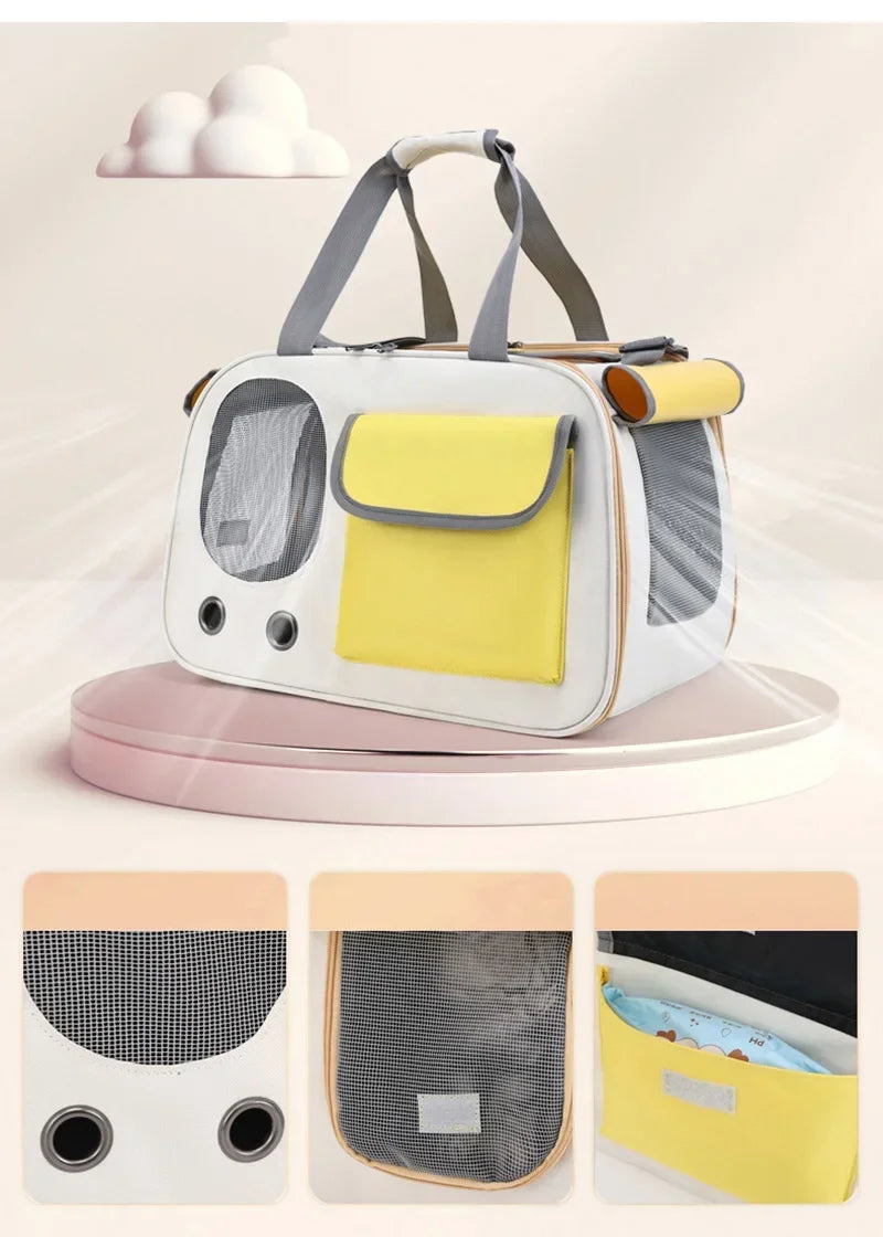 Pet carrier with yellow and gray design on a light background