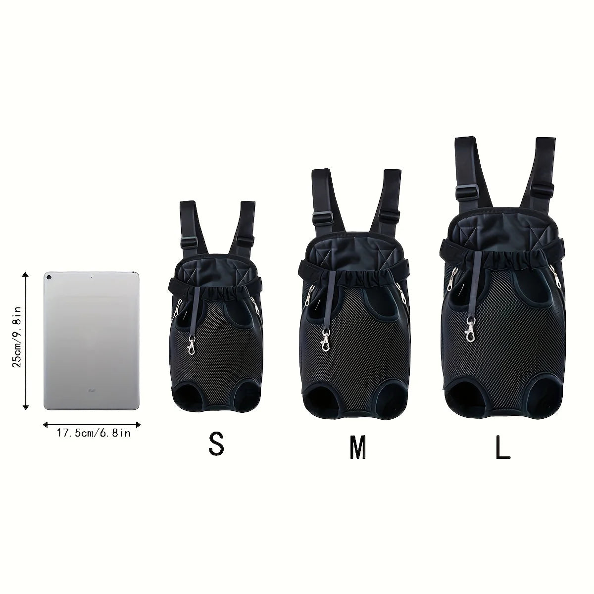 Three sizes of black pet carriers with a tablet for scale on a white background