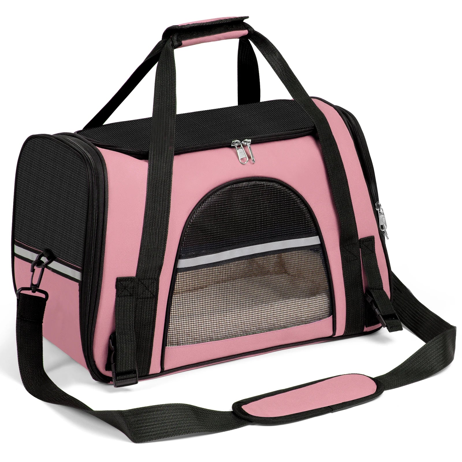 Pink pet carrier with black straps on a white background