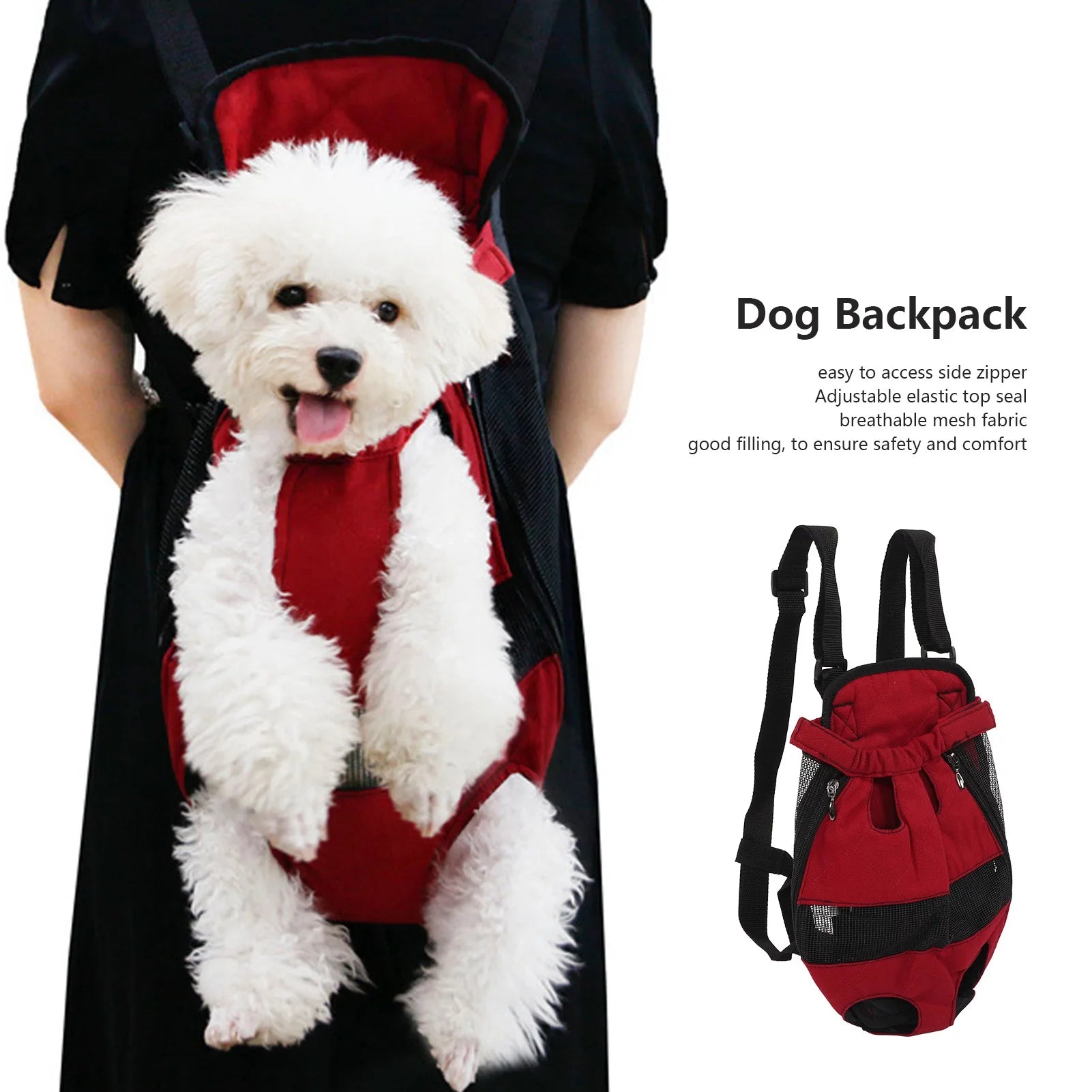 Dog backpack with a small white dog inside, worn by a person, on a white background.