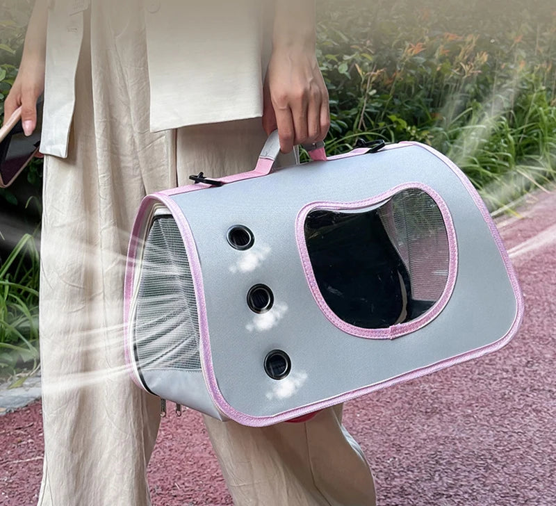 Person holding a pet carrier outdoors with grass and pavement in the background
