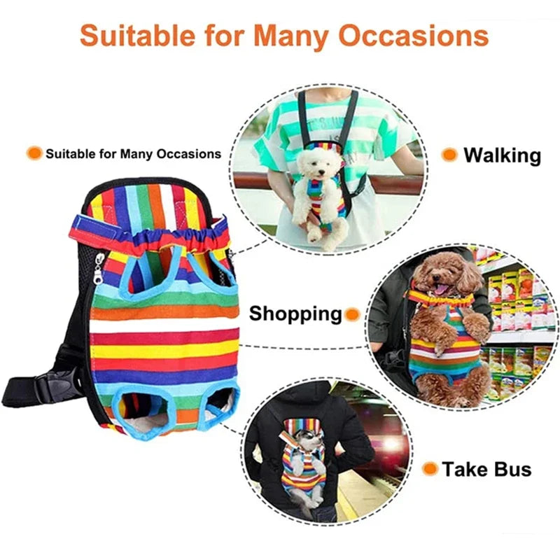 Colorful pet carrier with images of a dog in various settings, suitable for many occasions.