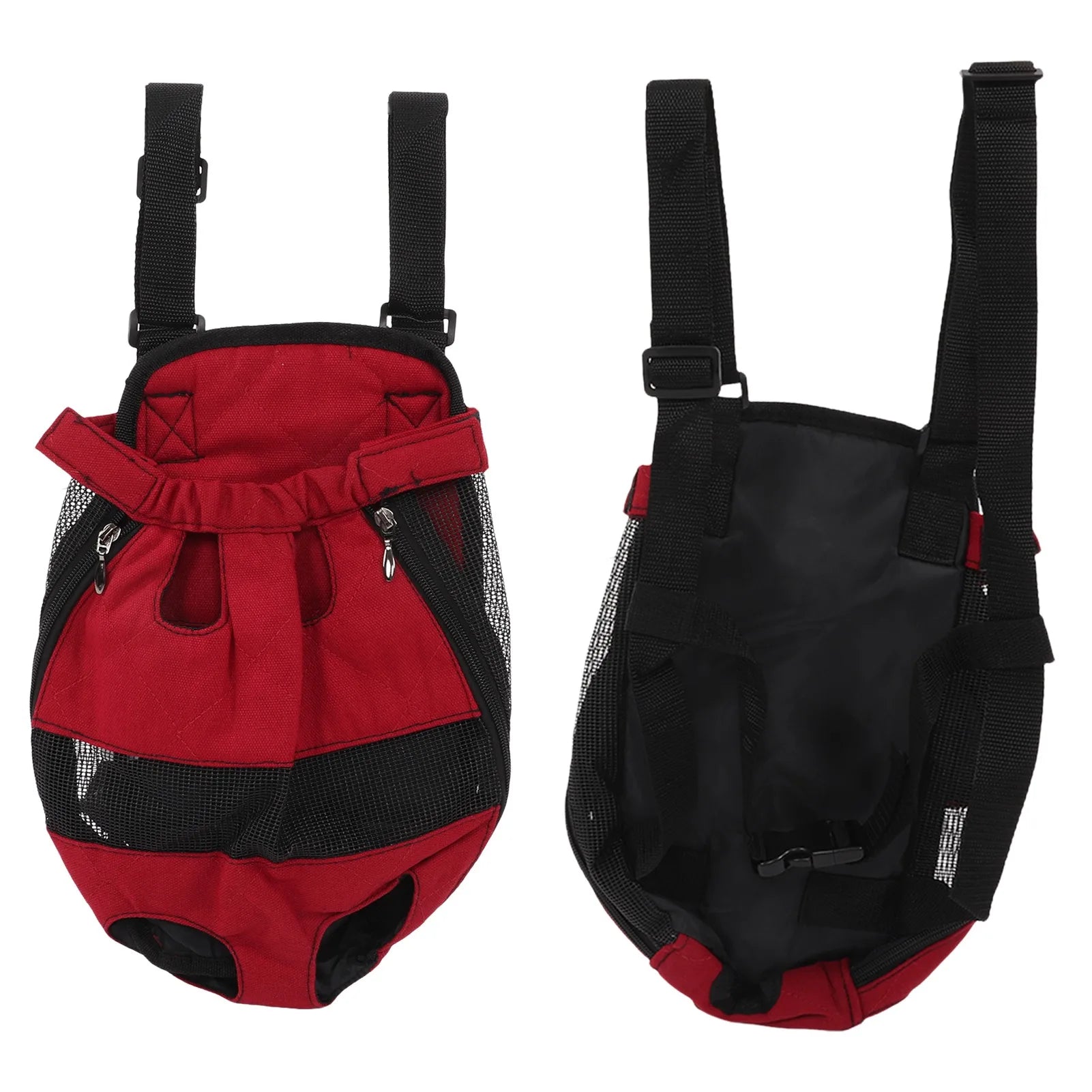 Red and black pet carrier with straps on a white background