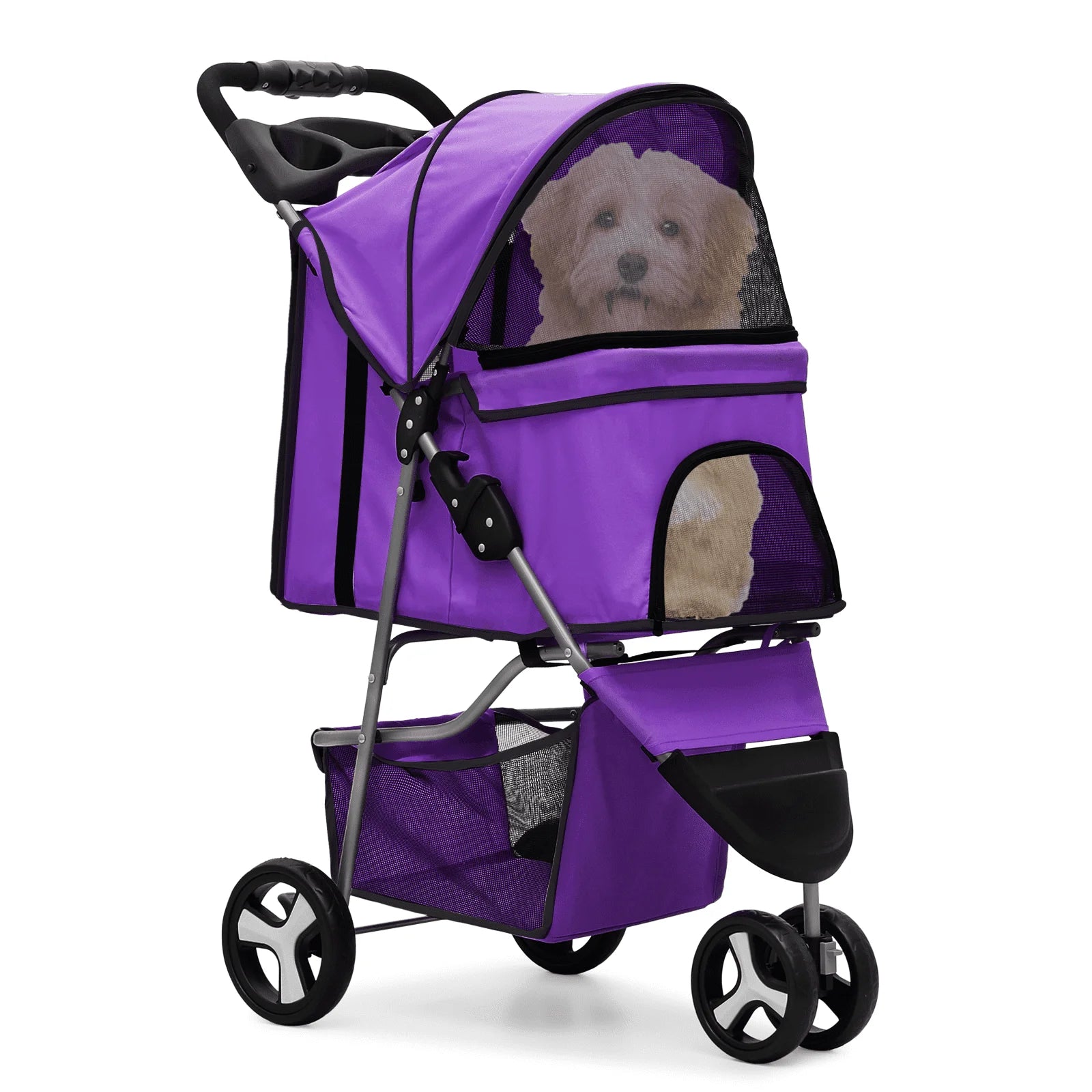 Purple pet stroller with a dog inside on a white background
