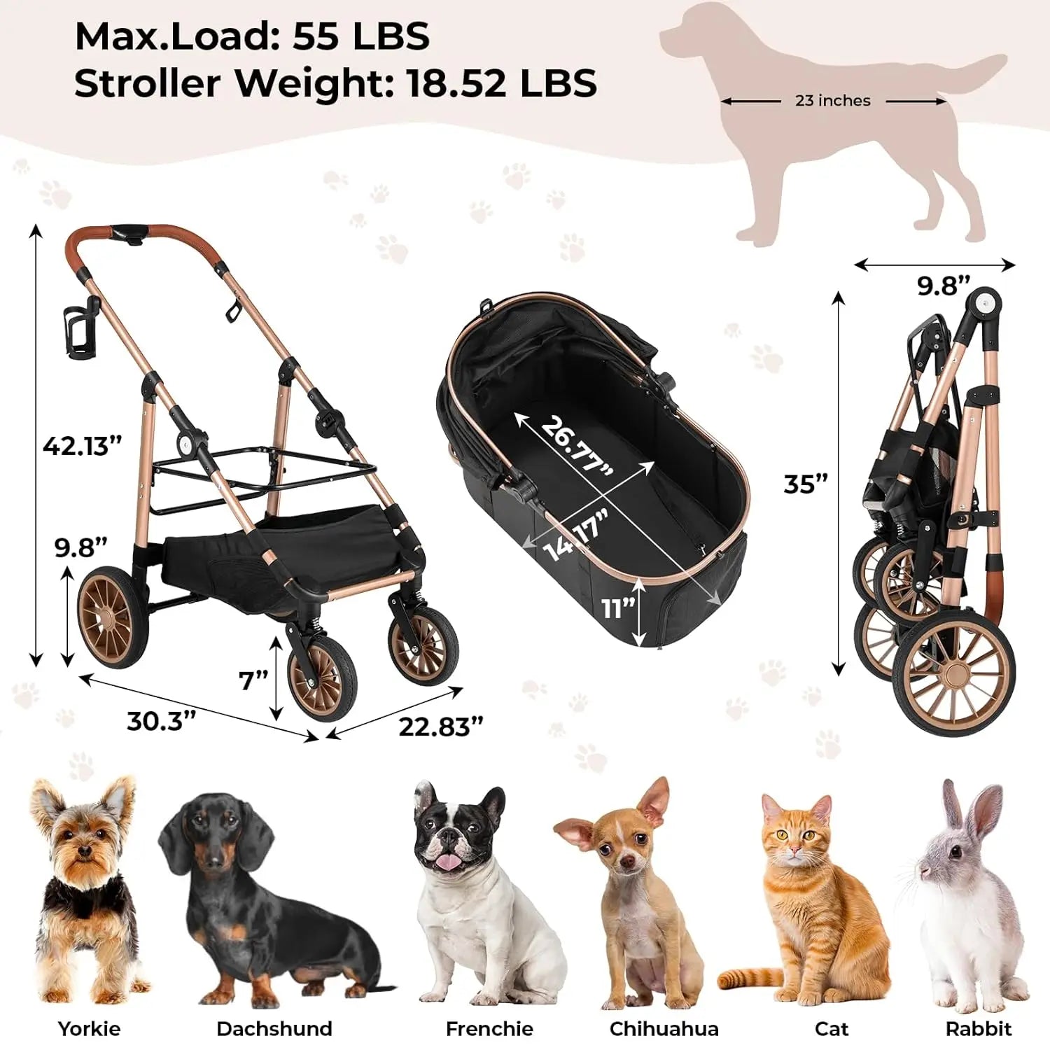 Pet stroller with dimensions and weight capacity, featuring illustrations of various pets.