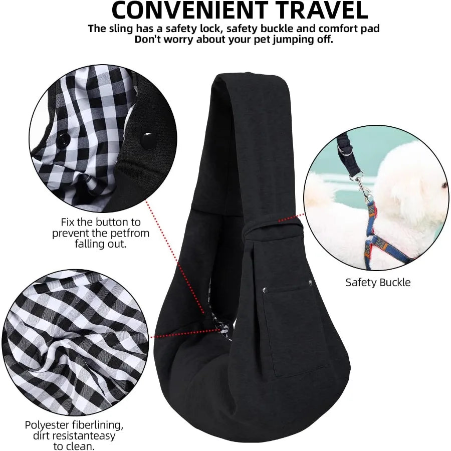 Black pet sling with safety lock, buckle, and comfort pad features on a white background.
