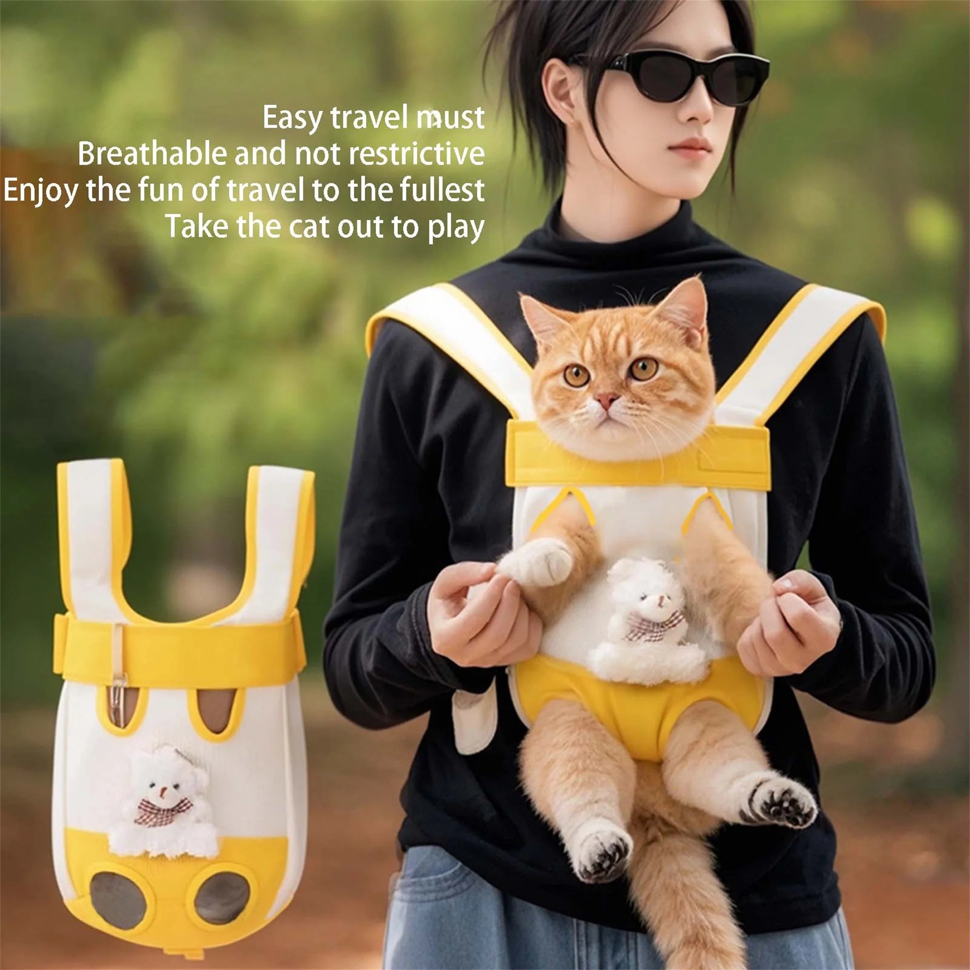 Person holding a cat in a yellow and white pet carrier with text about travel and comfort.