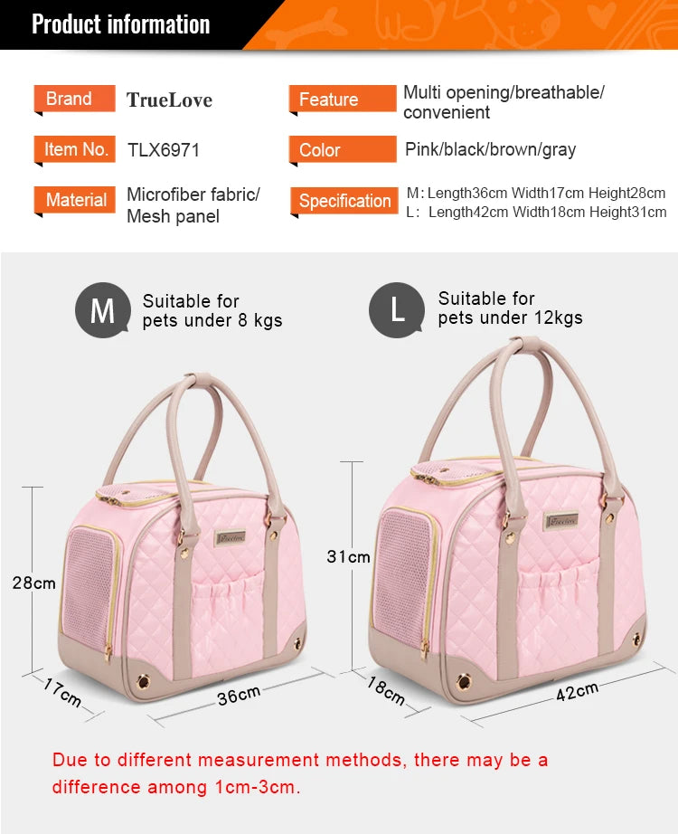 Pink pet carrier with dimensions and product details on a white background