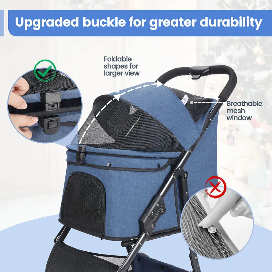 Blue pet stroller with features highlighted on a light blue background