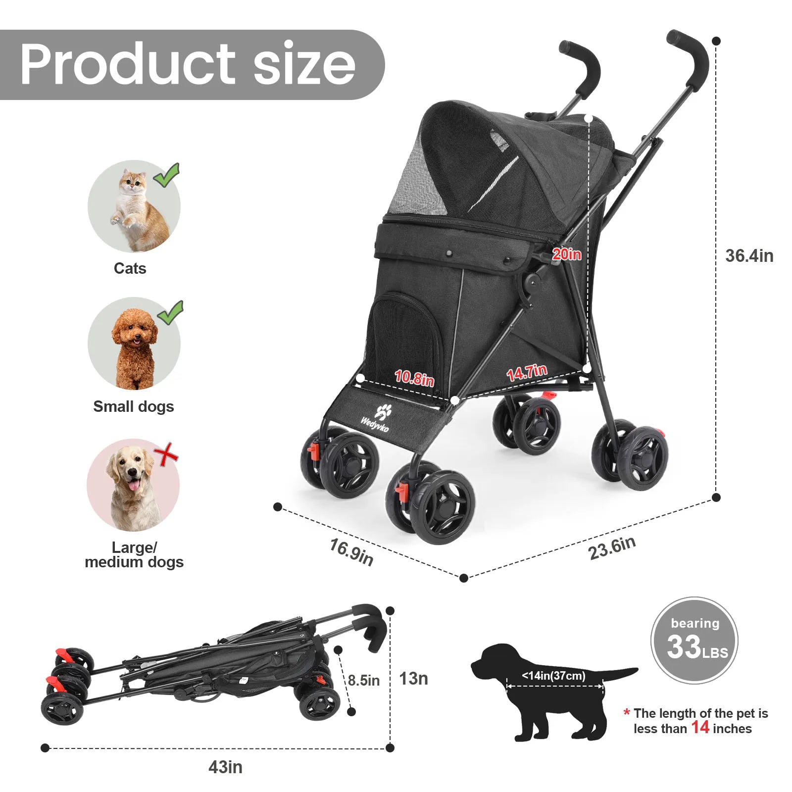 Pet stroller with dimensions and compatibility information for cats, small dogs, and large/medium dogs.