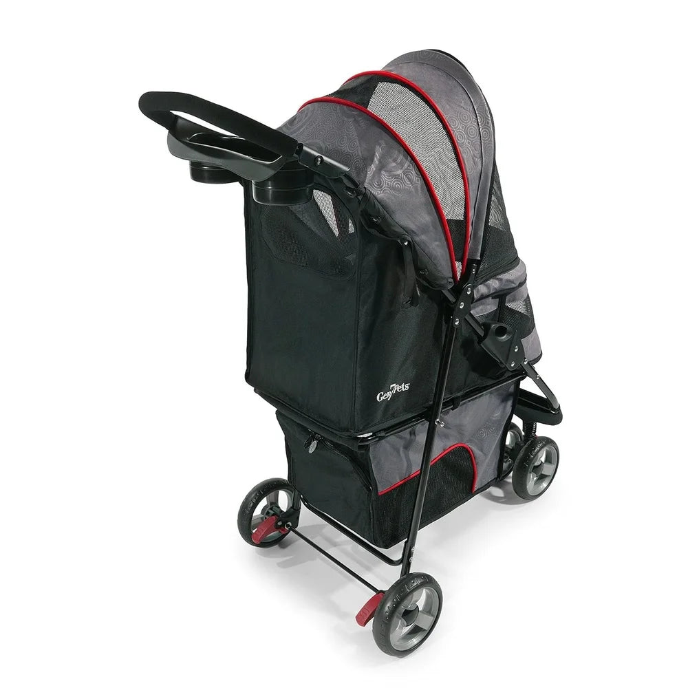 Pet stroller with black and gray design on a white background