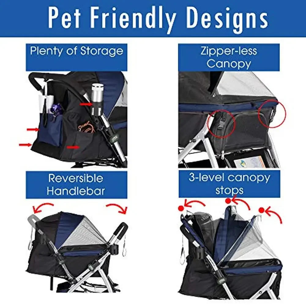 Pet stroller with features highlighted on a blue background