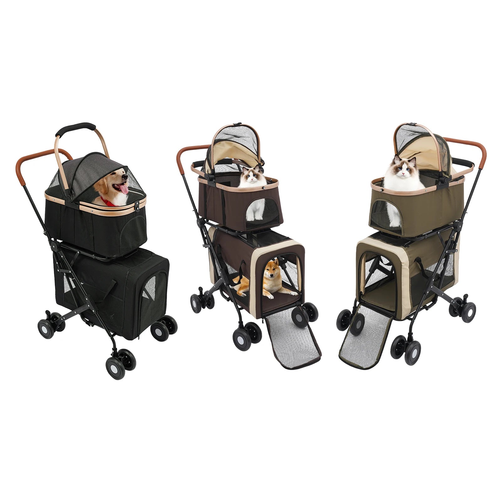 Three pet strollers with pets inside on a white background