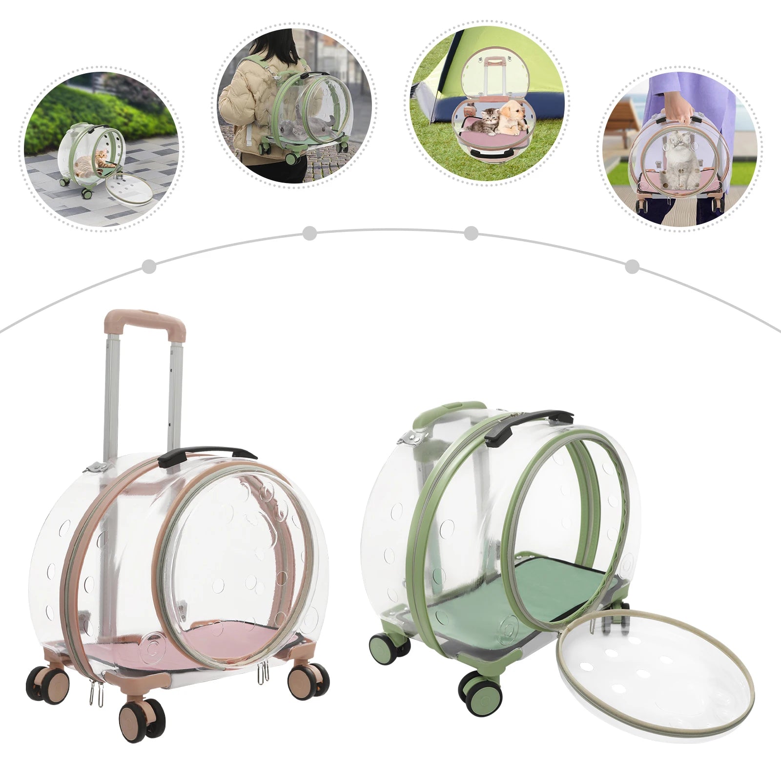 Transparent pet travel crates with wheels on a white background